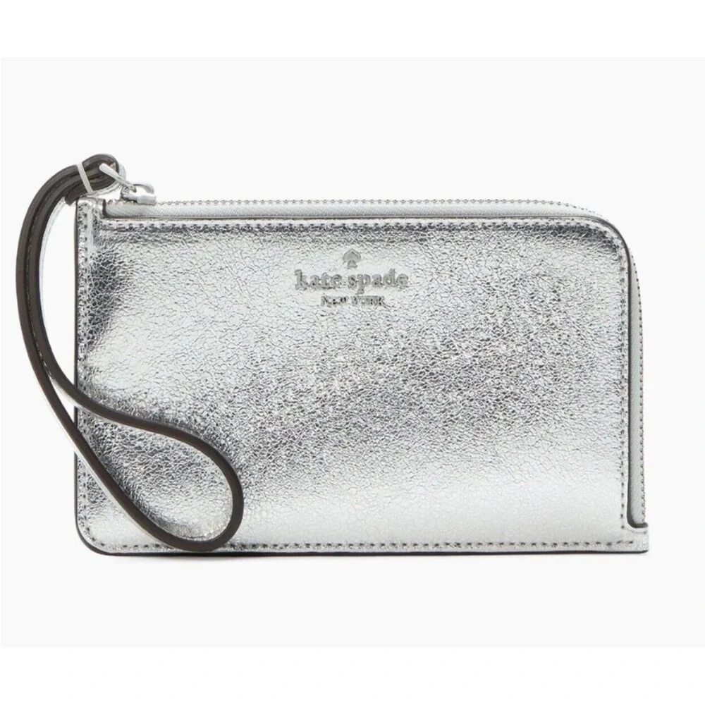 NWT Kate Spade Lucy Metallic Leather Small Zip Wristlet Silver Pink Interior